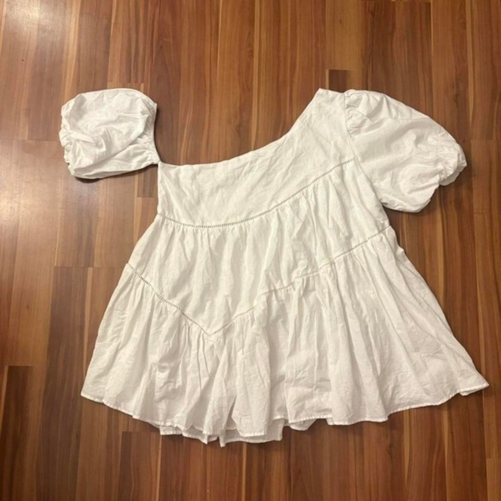 NWT showpo white asymmetrical babydoll cotton linen dress puffy sleeves size 16‎